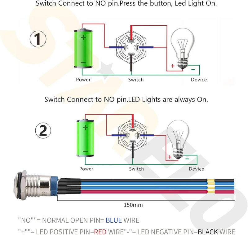 STARELO 5pcs 12mm Latching led Push Button Switch Silver Shell with pre-Wiring, IP65 Waterproof Push Button Switch,1NO 1 Normally,Self-Locking with LED(Blue). - Image 3